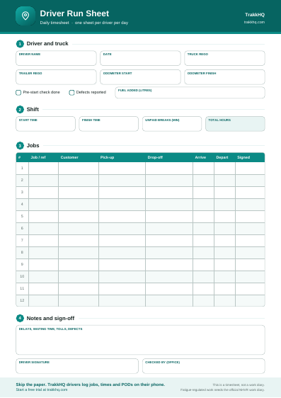 Driver run sheet preview